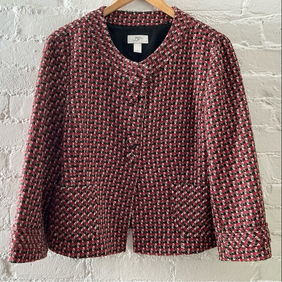 Ann Taylor Collarless Blazer Wool Blend  Red Brown Houndstooth Tweed Jacket 14 - Picture 2 of 16